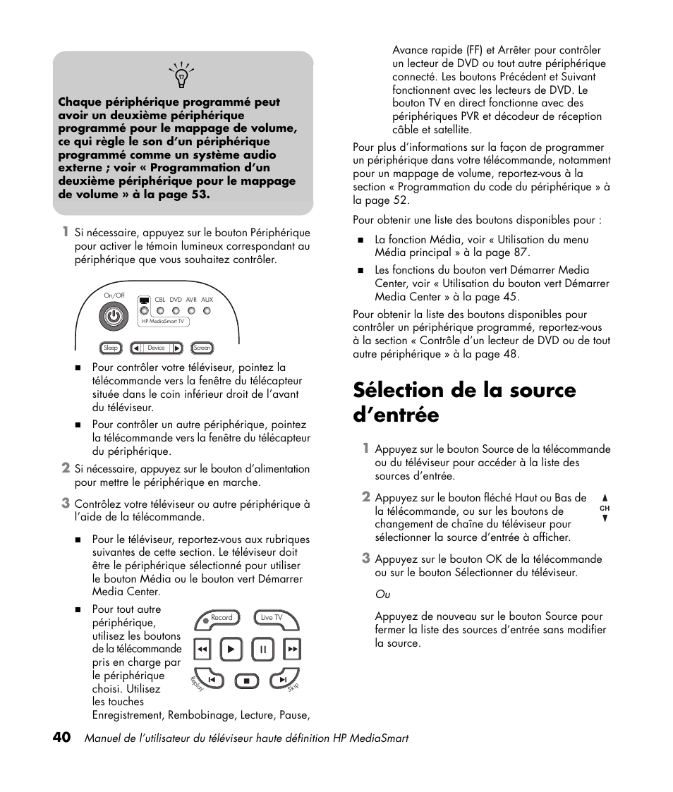 Sélection de la source d’entrée | HP 1080p User Manual | Page 189 / 426