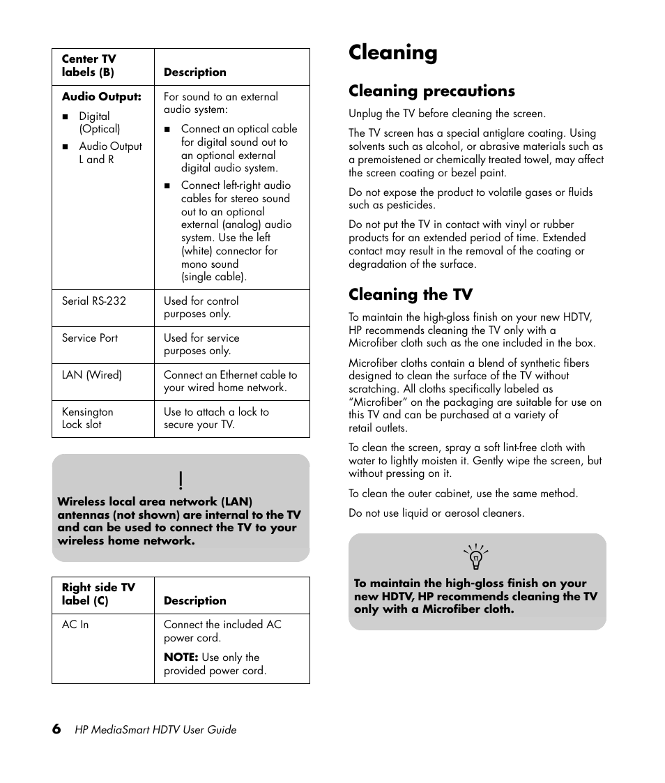 Cleaning, Cleaning precautions, Cleaning the tv | Cleaning precautions cleaning the tv | HP 1080p User Manual | Page 19 / 426