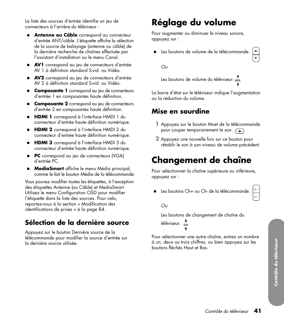 Sélection de la dernière source, Réglage du volume, Mise en sourdine | Changement de chaîne | HP 1080p User Manual | Page 190 / 426