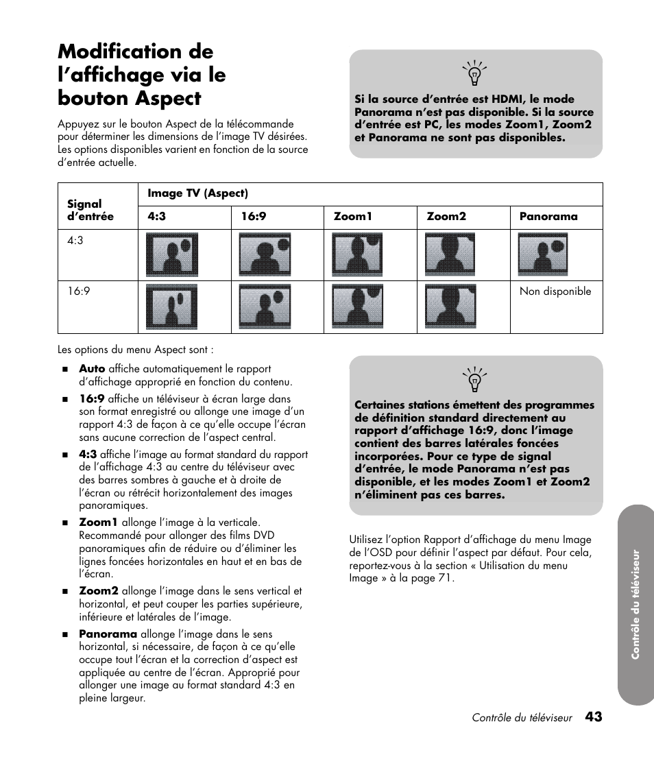 Modification de l’affichage via le bouton aspect | HP 1080p User Manual | Page 192 / 426