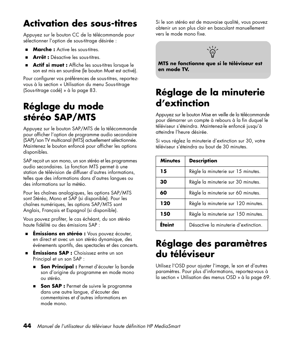 Activation des sous-titres, Réglage du mode stéréo sap/mts, Réglage de la minuterie d’extinction | Réglage des paramètres du téléviseur | HP 1080p User Manual | Page 193 / 426