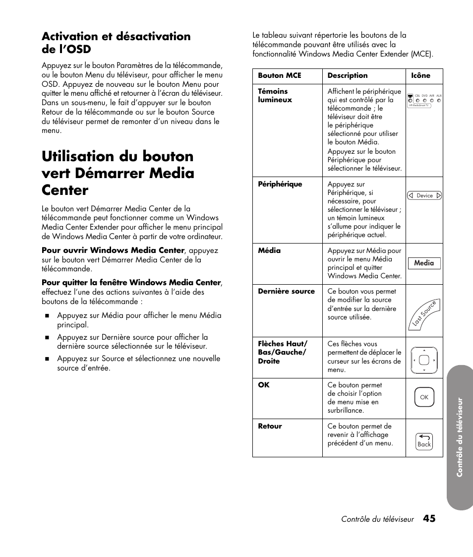Activation et désactivation de l’osd, Utilisation du bouton vert démarrer media center | HP 1080p User Manual | Page 194 / 426