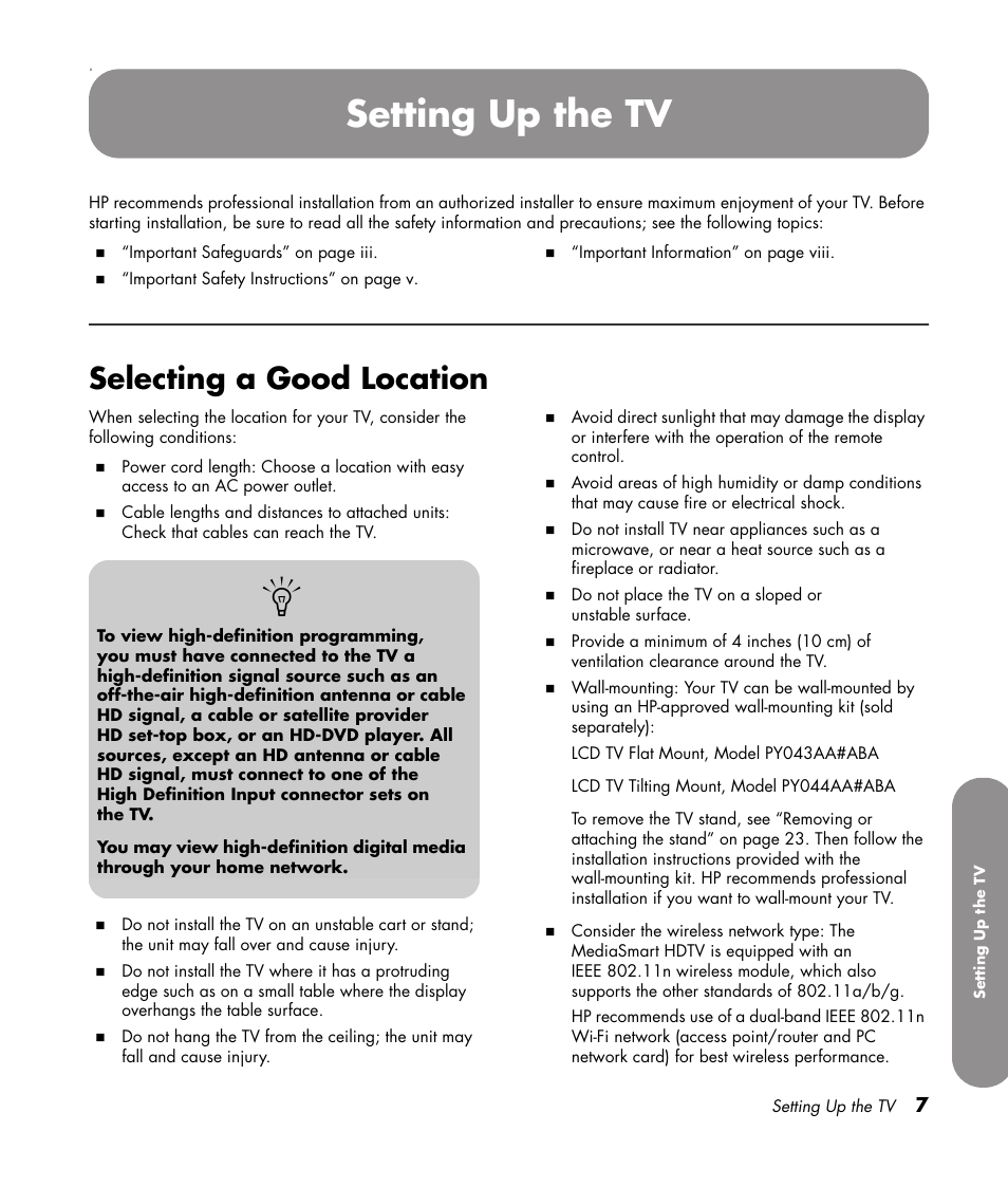 Setting up the tv, Selecting a good location | HP 1080p User Manual | Page 20 / 426