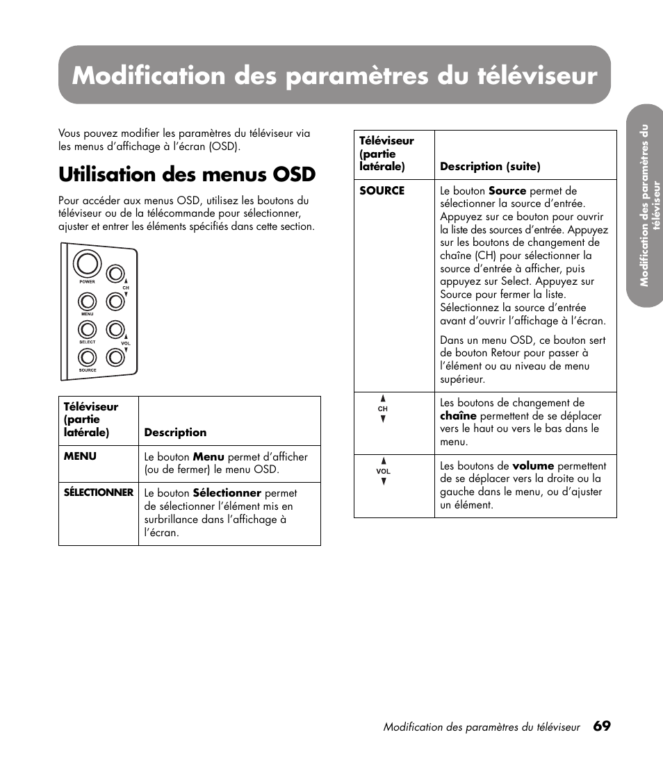 Modification des paramètres du téléviseur, Utilisation des menus osd | HP 1080p User Manual | Page 218 / 426
