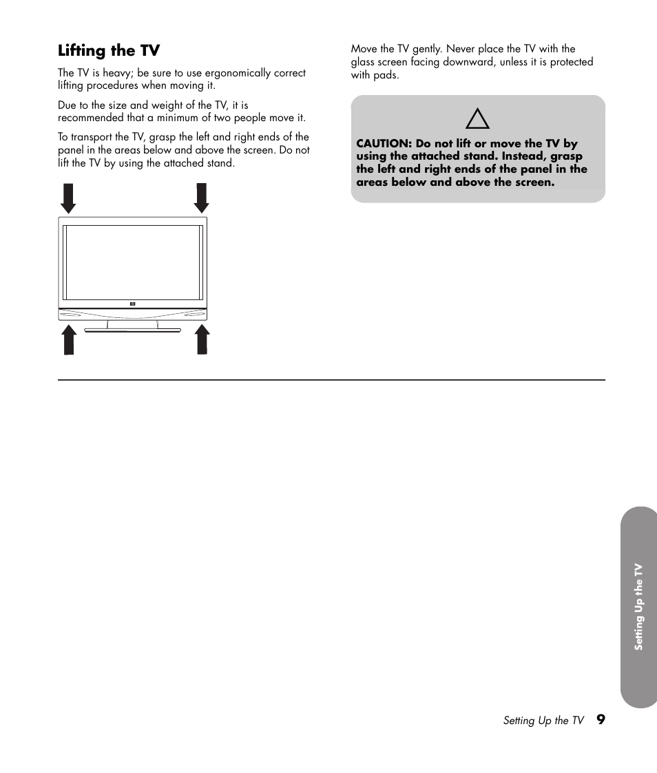 Lifting the tv | HP 1080p User Manual | Page 22 / 426