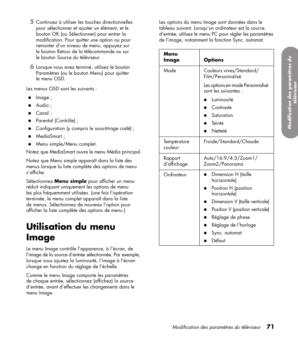 Utilisation du menu image | HP 1080p User Manual | Page 220 / 426
