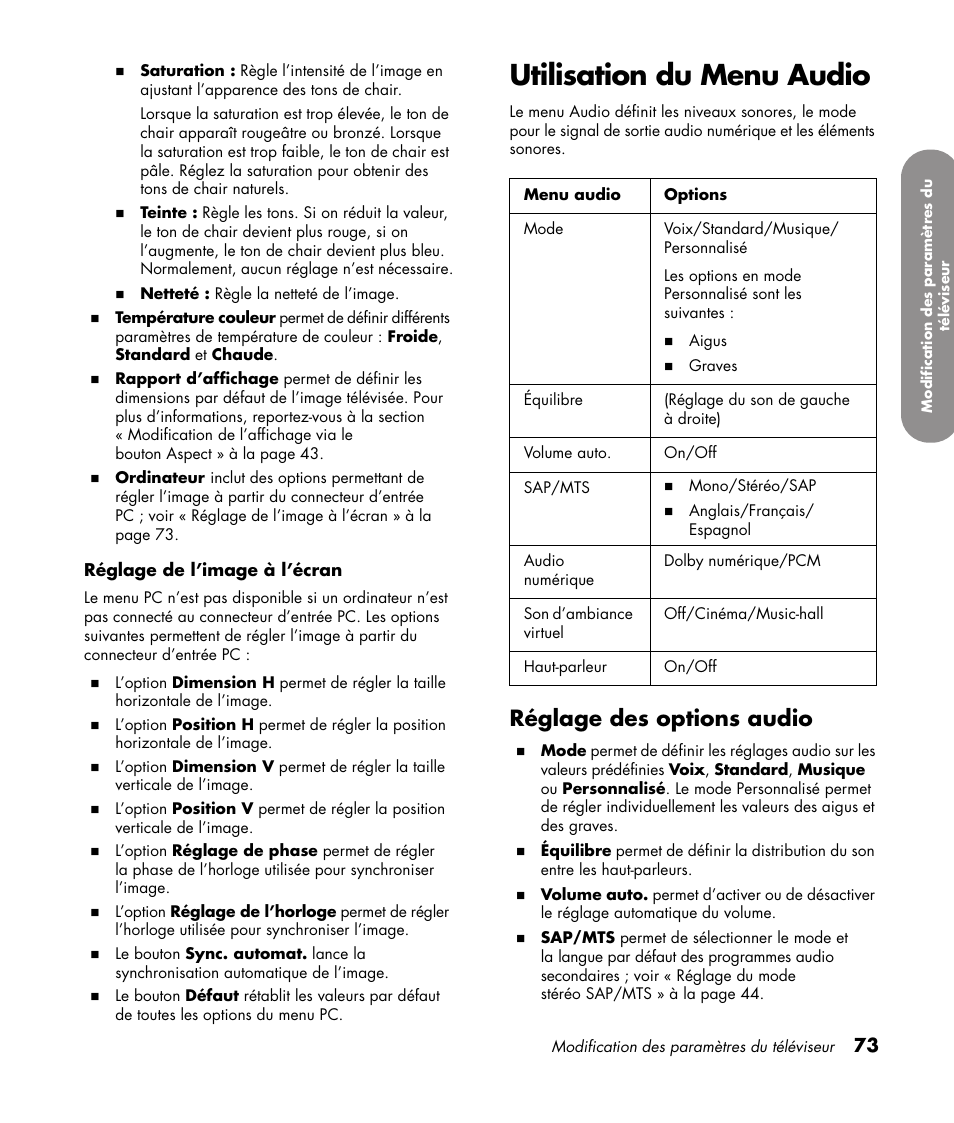 Utilisation du menu audio, Réglage des options audio | HP 1080p User Manual | Page 222 / 426