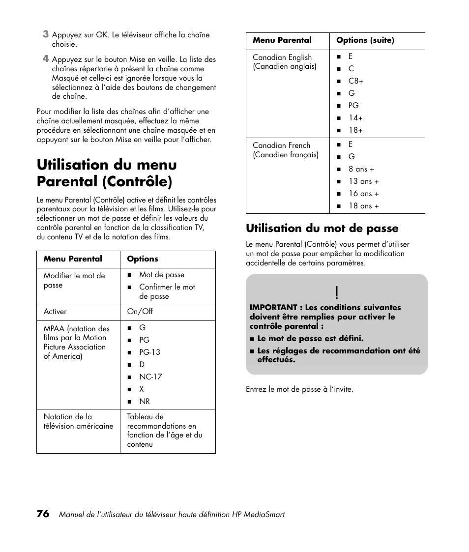 Utilisation du menu parental (contrôle), Utilisation du mot de passe | HP 1080p User Manual | Page 225 / 426