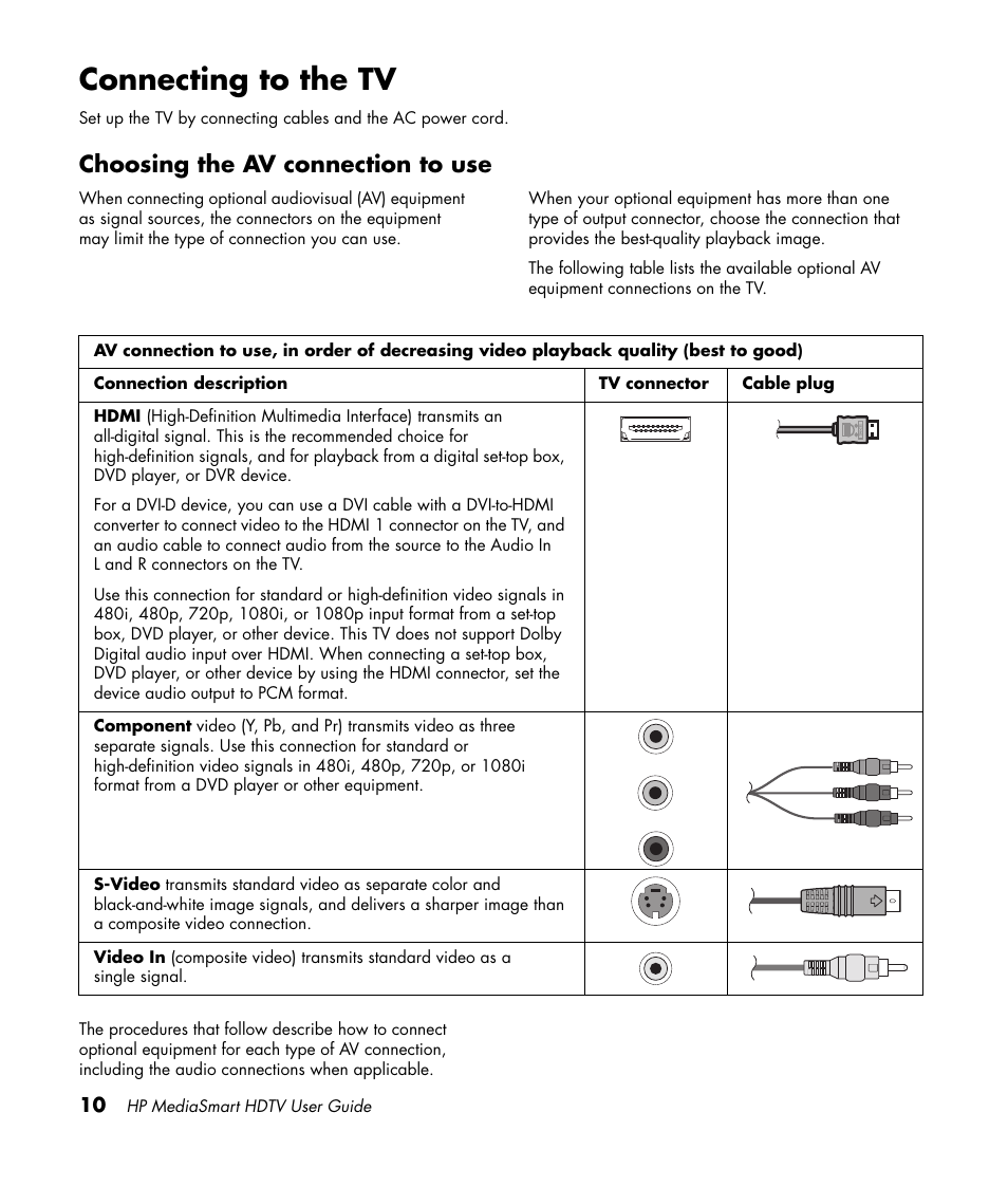 Connecting to the tv, Choosing the av connection to use | HP 1080p User Manual | Page 23 / 426