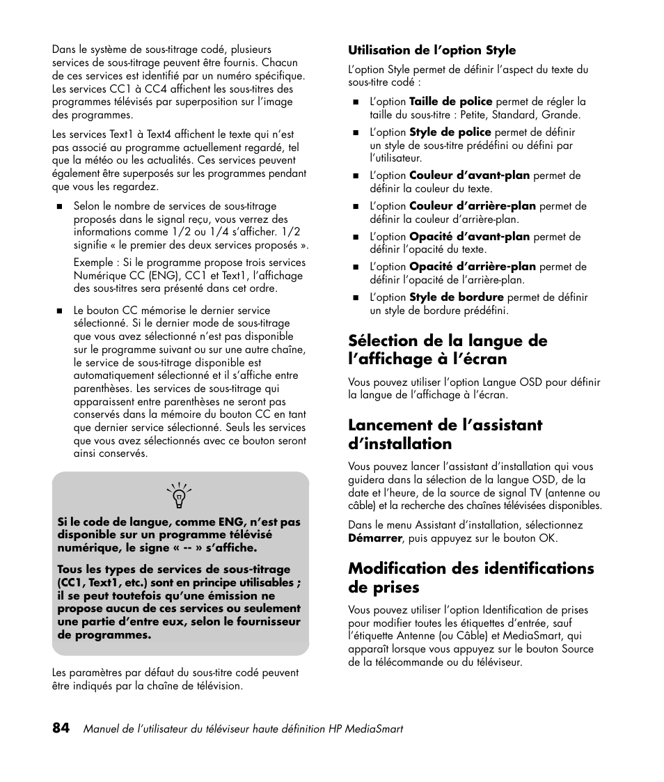 Sélection de la langue de l’affichage à l’écran, Lancement de l’assistant d’installation, Modification des identifications de prises | HP 1080p User Manual | Page 233 / 426