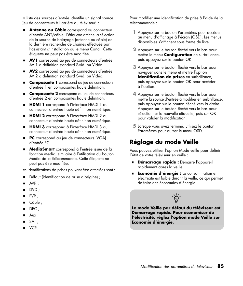 Réglage du mode veille | HP 1080p User Manual | Page 234 / 426