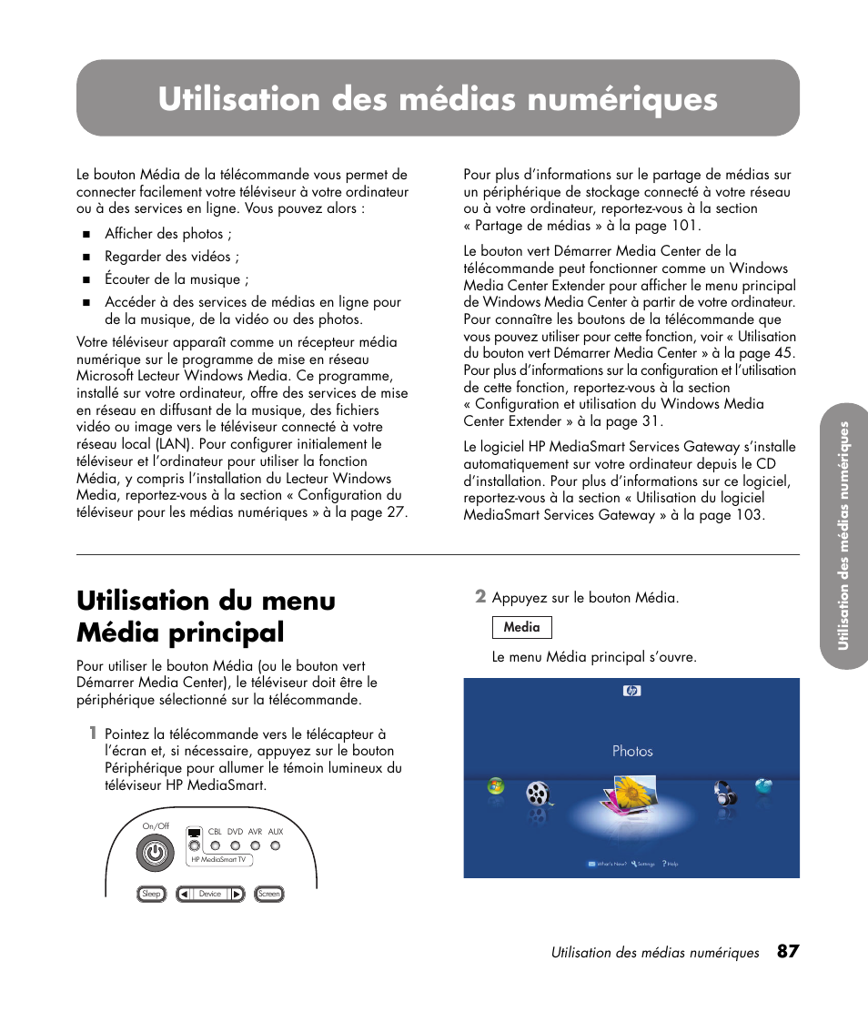 Utilisation des médias numériques, Utilisation du menu média principal | HP 1080p User Manual | Page 236 / 426