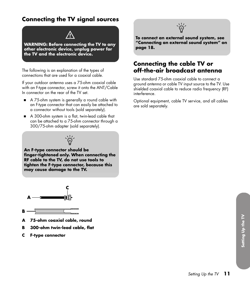 Connecting the tv signal sources | HP 1080p User Manual | Page 24 / 426