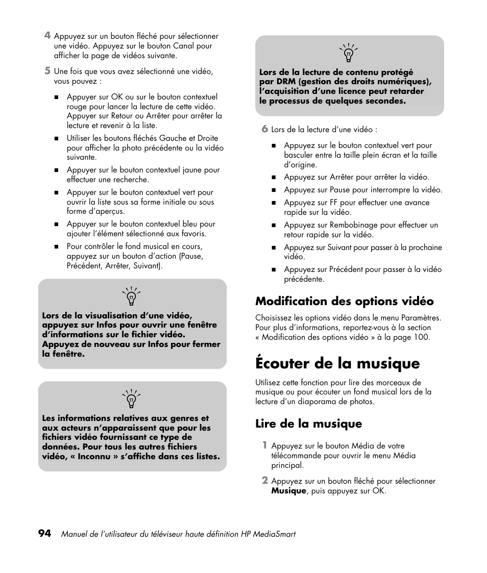 Modification des options vidéo, Écouter de la musique, Lire de la musique | HP 1080p User Manual | Page 243 / 426