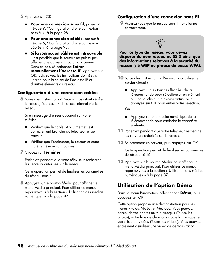 Utilisation de l’option démo | HP 1080p User Manual | Page 247 / 426