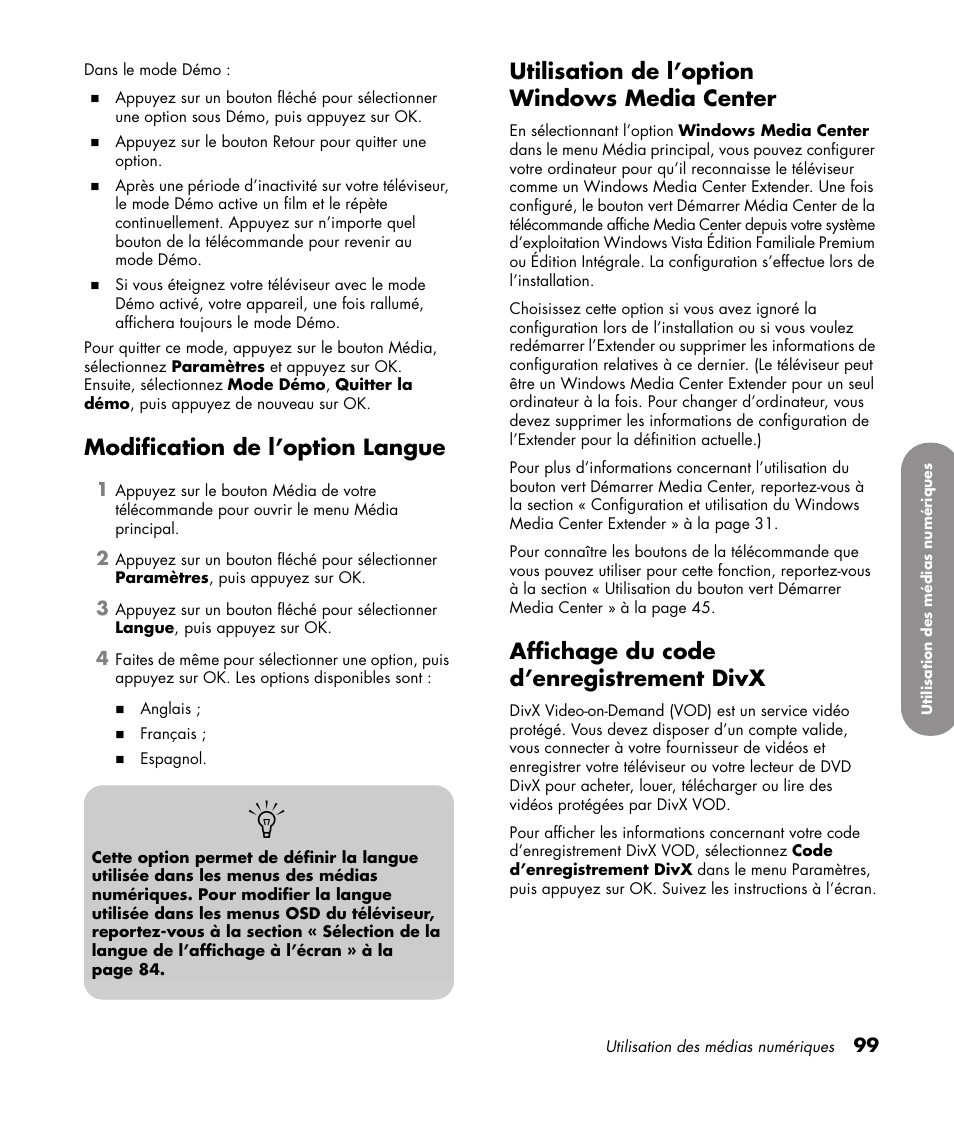 Modification de l’option langue, Utilisation de l’option windows media center, Affichage du code d’enregistrement divx | HP 1080p User Manual | Page 248 / 426