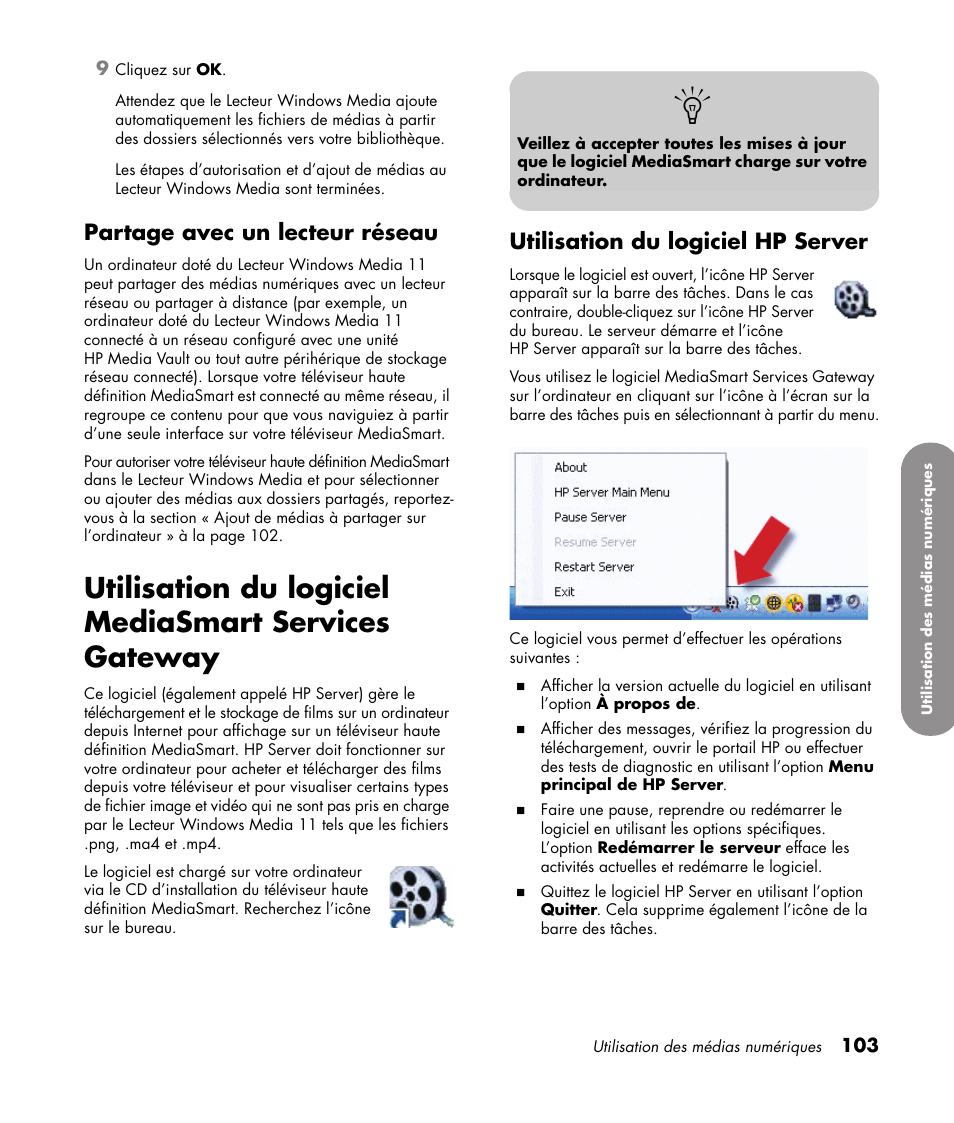 Partage avec un lecteur réseau, Utilisation du logiciel hp server | HP 1080p User Manual | Page 252 / 426