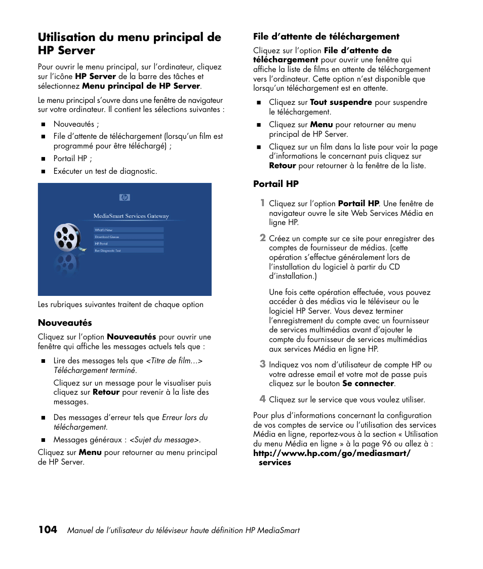 Utilisation du menu principal de hp server | HP 1080p User Manual | Page 253 / 426