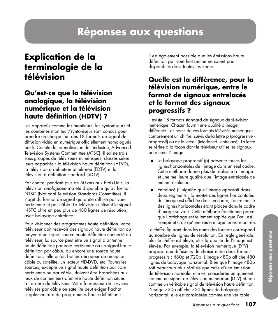 Réponses aux questions, Explication de la terminologie de la télévision | HP 1080p User Manual | Page 256 / 426