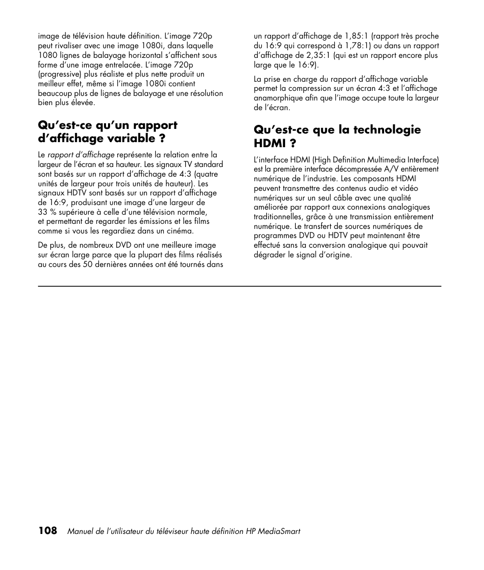 Qu’est-ce qu’un rapport d’affichage variable, Qu’est-ce que la technologie hdmi | HP 1080p User Manual | Page 257 / 426