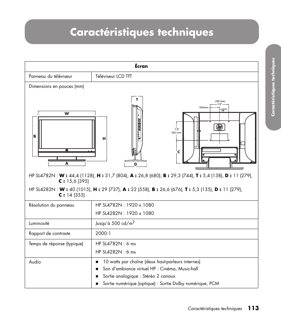 Caractéristiques techniques | HP 1080p User Manual | Page 262 / 426