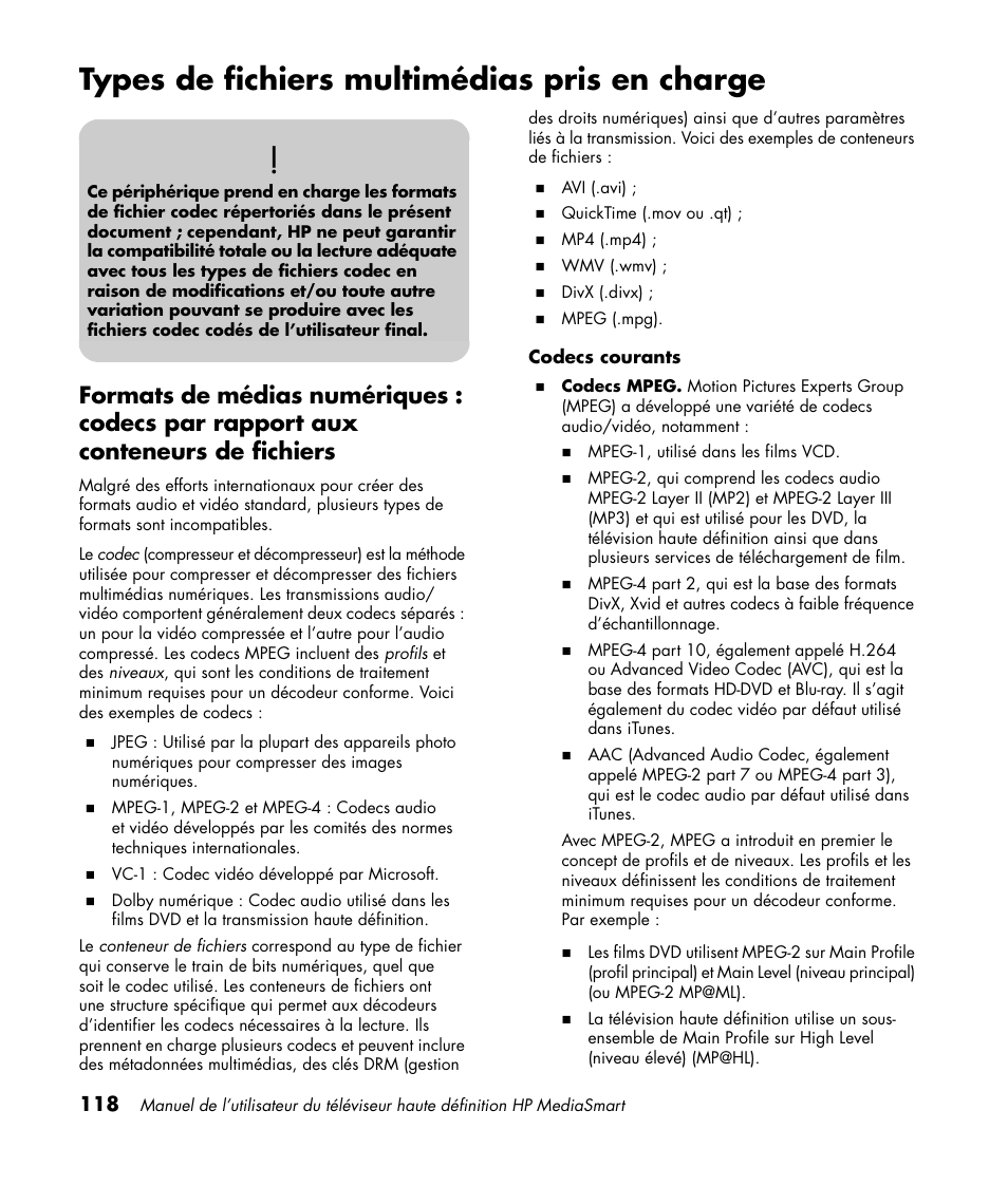 Types de fichiers multimédias pris en charge | HP 1080p User Manual | Page 267 / 426