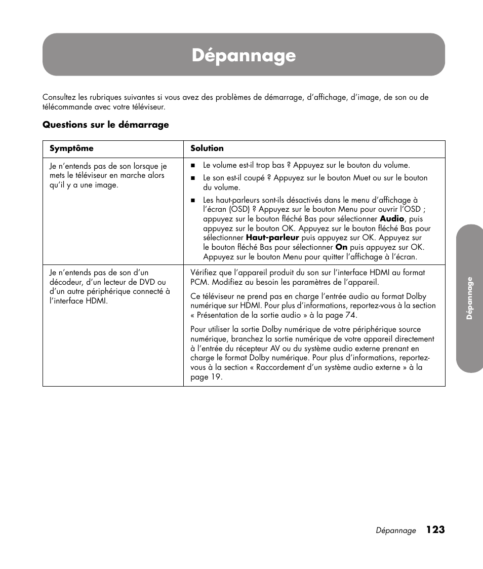 Dépannage | HP 1080p User Manual | Page 272 / 426