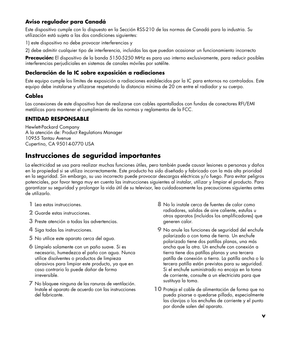 Instrucciones de seguridad importantes | HP 1080p User Manual | Page 286 / 426