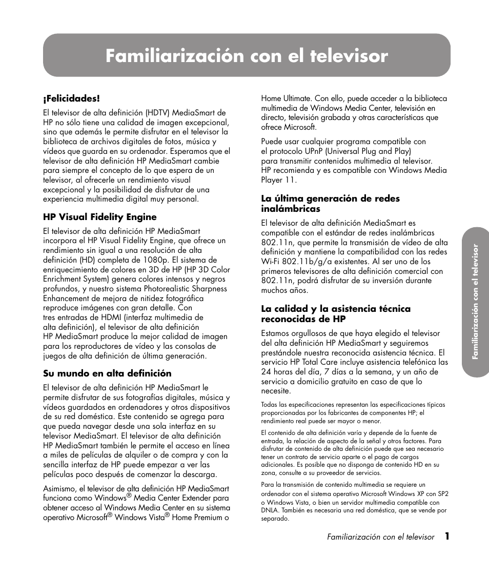 Familiarización con el televisor | HP 1080p User Manual | Page 294 / 426
