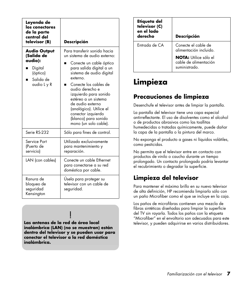 Limpieza, Precauciones de limpieza, Limpieza del televisor | Precauciones de limpieza limpieza del televisor | HP 1080p User Manual | Page 300 / 426