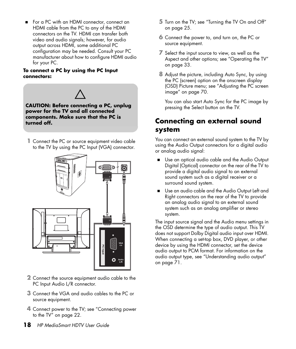 Connecting an external sound system | HP 1080p User Manual | Page 31 / 426