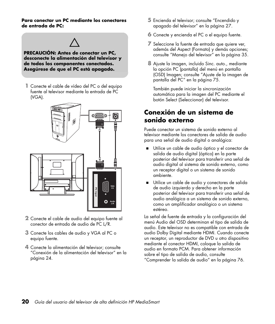 Conexión de un sistema de sonido externo | HP 1080p User Manual | Page 313 / 426