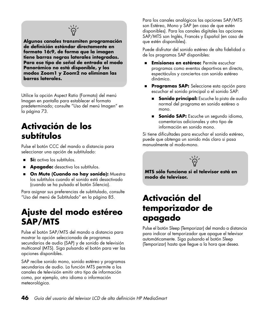 Activación de los subtítulos, Ajuste del modo estéreo sap/mts, Activación del temporizador de apagado | HP 1080p User Manual | Page 339 / 426