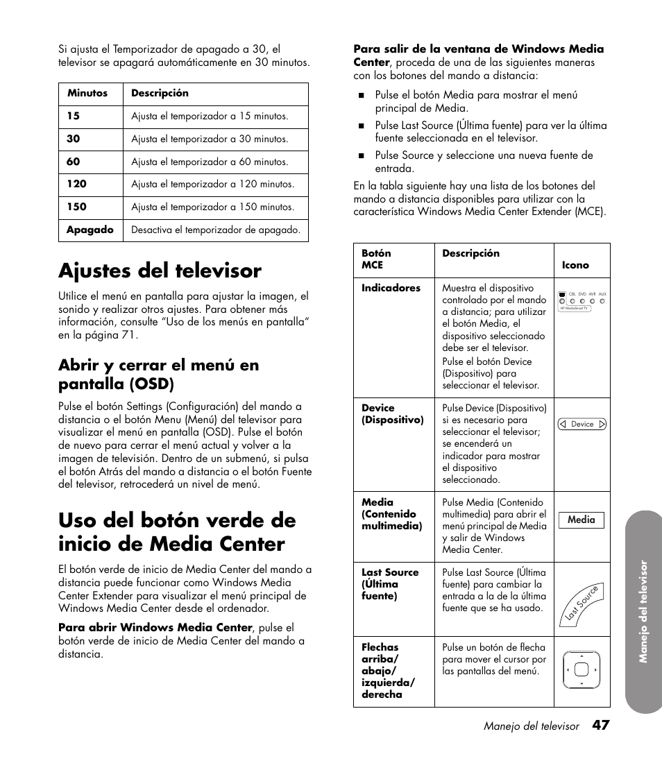 Ajustes del televisor, Abrir y cerrar el menú en pantalla (osd), Uso del botón verde de inicio de media center | HP 1080p User Manual | Page 340 / 426