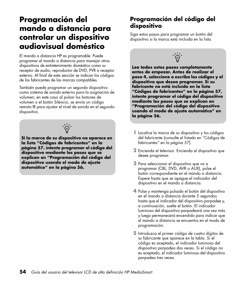 Programación del código del dispositivo | HP 1080p User Manual | Page 347 / 426