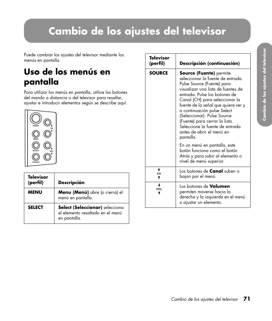 Cambio de los ajustes del televisor, Uso de los menús en pantalla | HP 1080p User Manual | Page 364 / 426