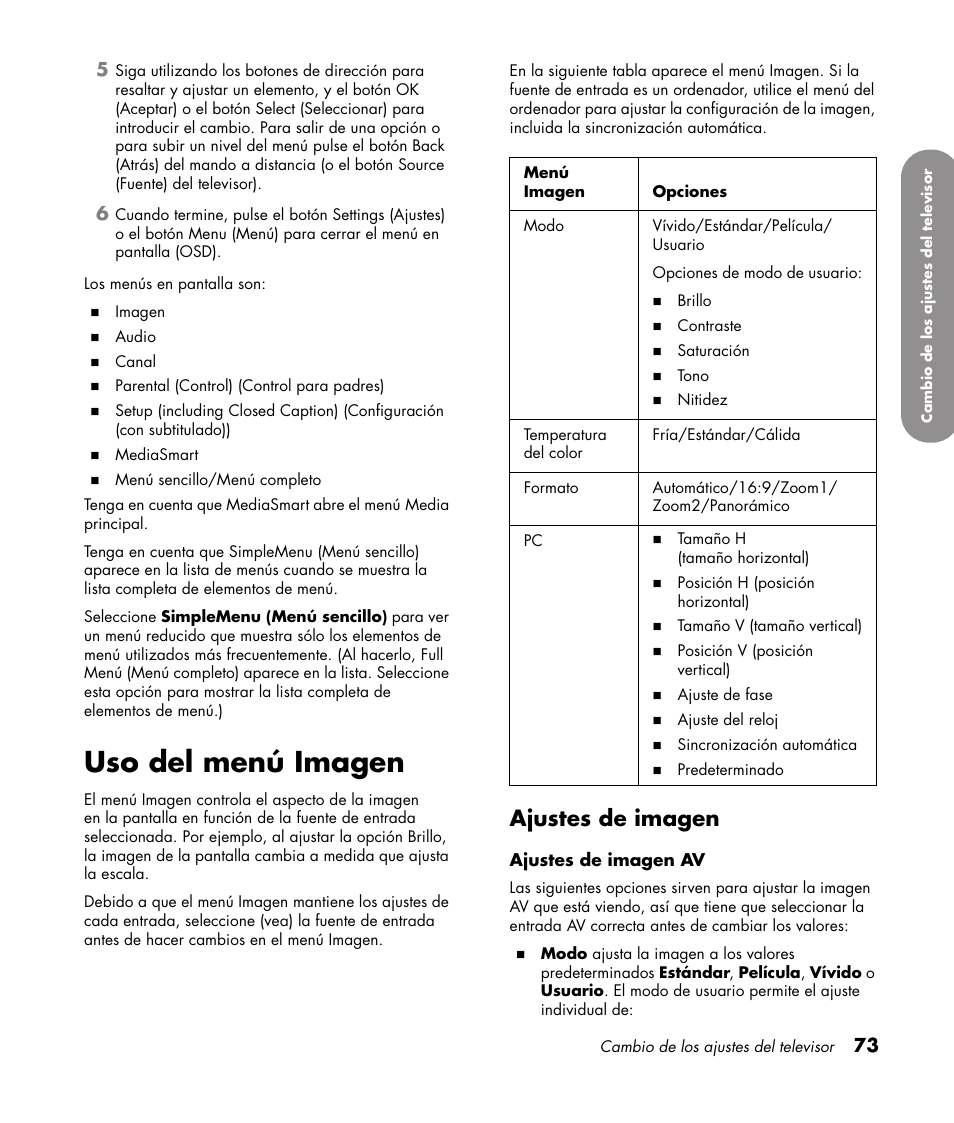 Uso del menú imagen, Ajustes de imagen | HP 1080p User Manual | Page 366 / 426