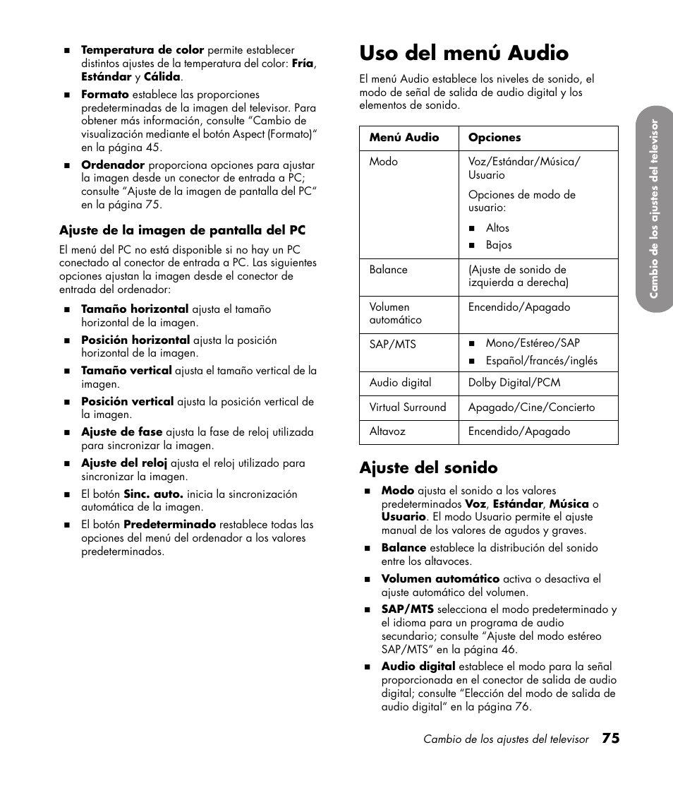 Uso del menú audio, Ajuste del sonido | HP 1080p User Manual | Page 368 / 426
