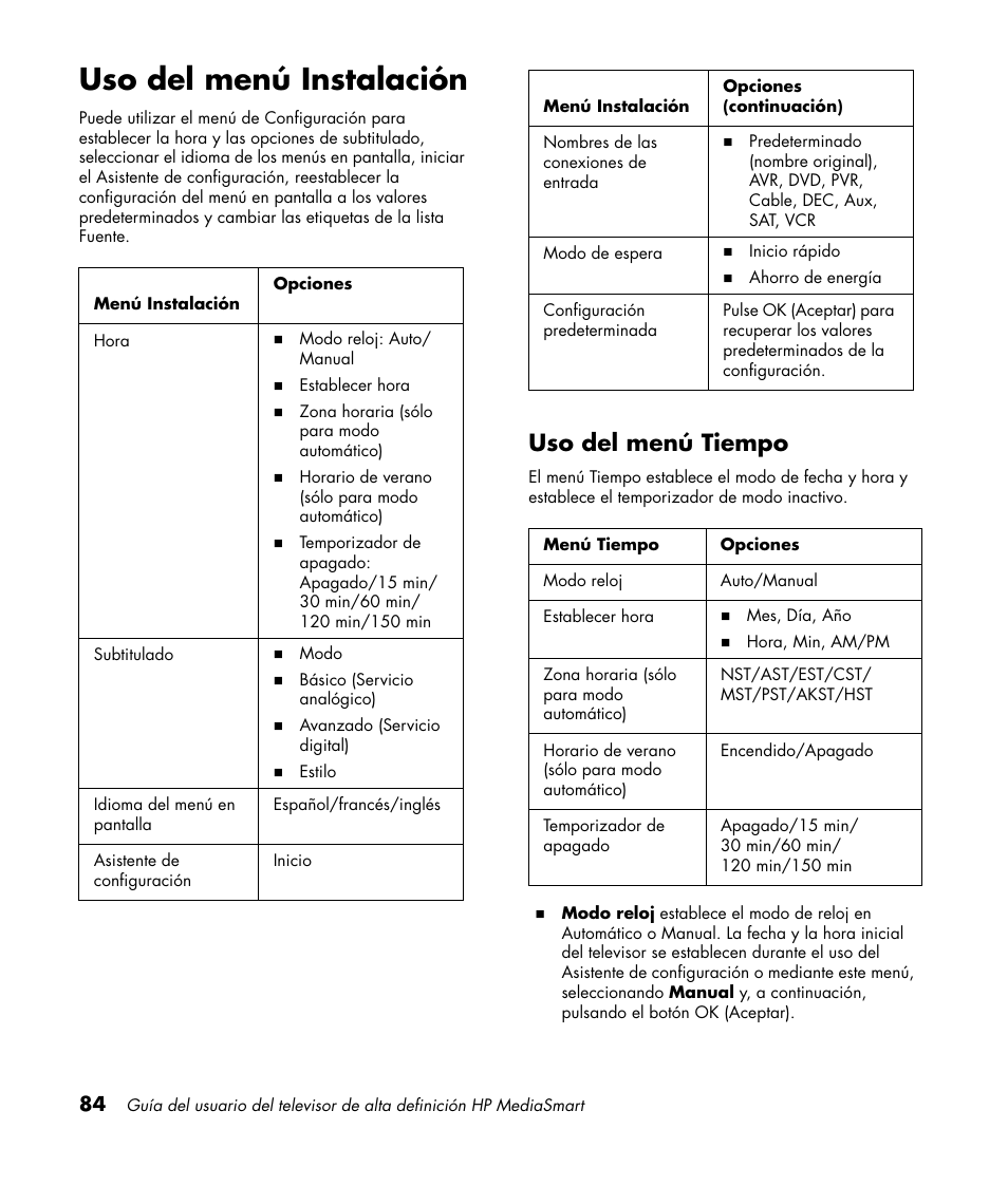 Uso del menú instalación, Uso del menú tiempo | HP 1080p User Manual | Page 377 / 426
