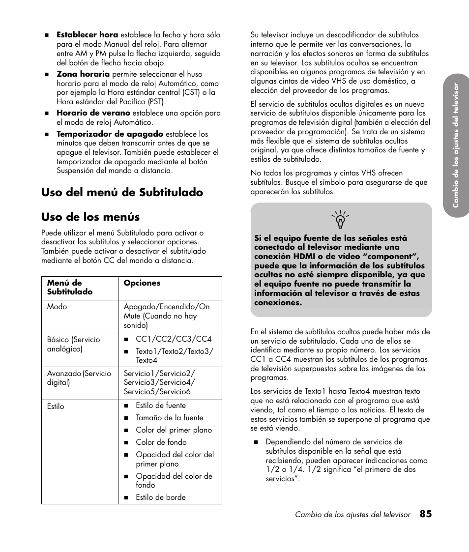 Uso del menú de subtitulado, Uso de los menús, Uso del menú de subtitulado uso de los menús | HP 1080p User Manual | Page 378 / 426