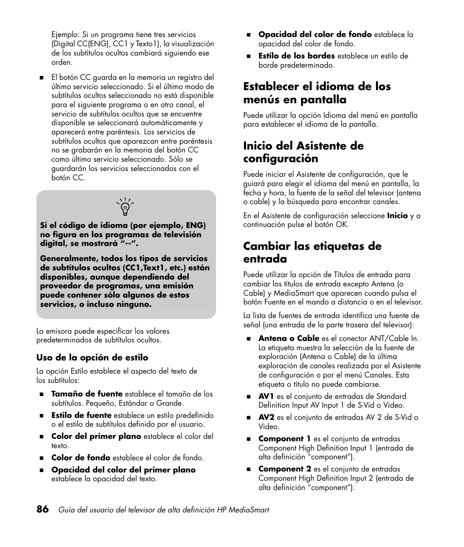 Establecer el idioma de los menús en pantalla, Inicio del asistente de configuración, Cambiar las etiquetas de entrada | HP 1080p User Manual | Page 379 / 426