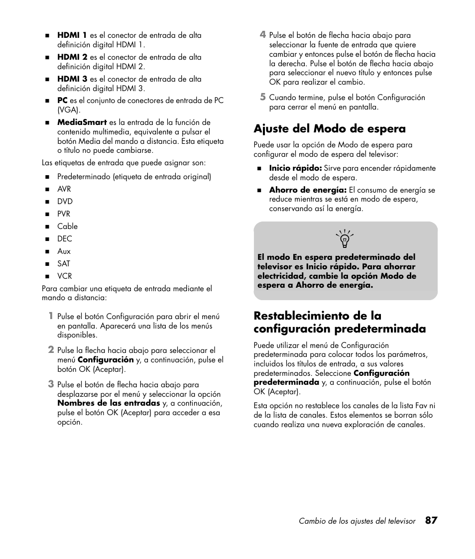 Ajuste del modo de espera | HP 1080p User Manual | Page 380 / 426