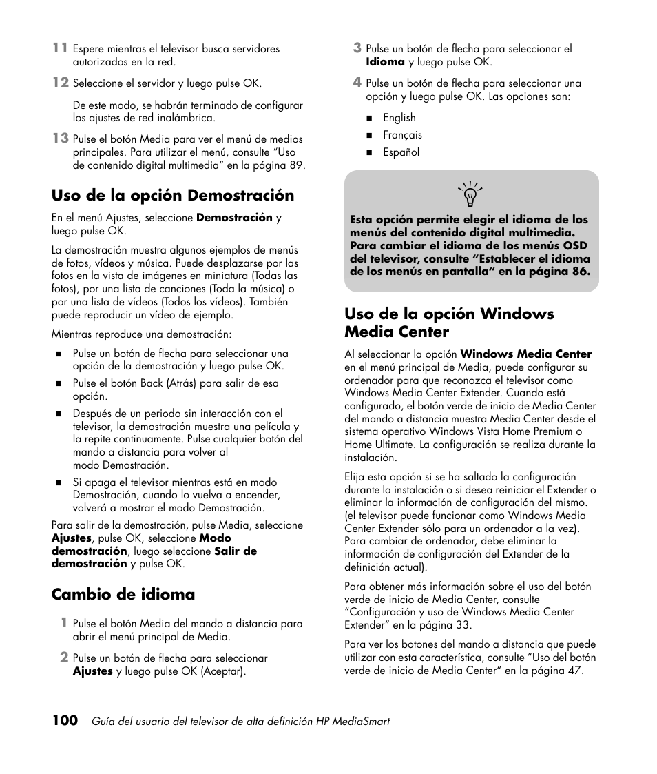 Uso de la opción demostración, Cambio de idioma, Uso de la opción windows media center | HP 1080p User Manual | Page 393 / 426