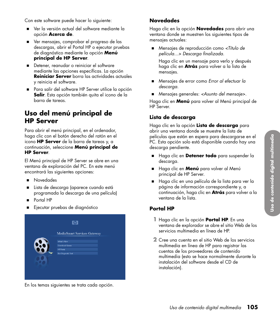 Uso del menú principal de hp server | HP 1080p User Manual | Page 398 / 426