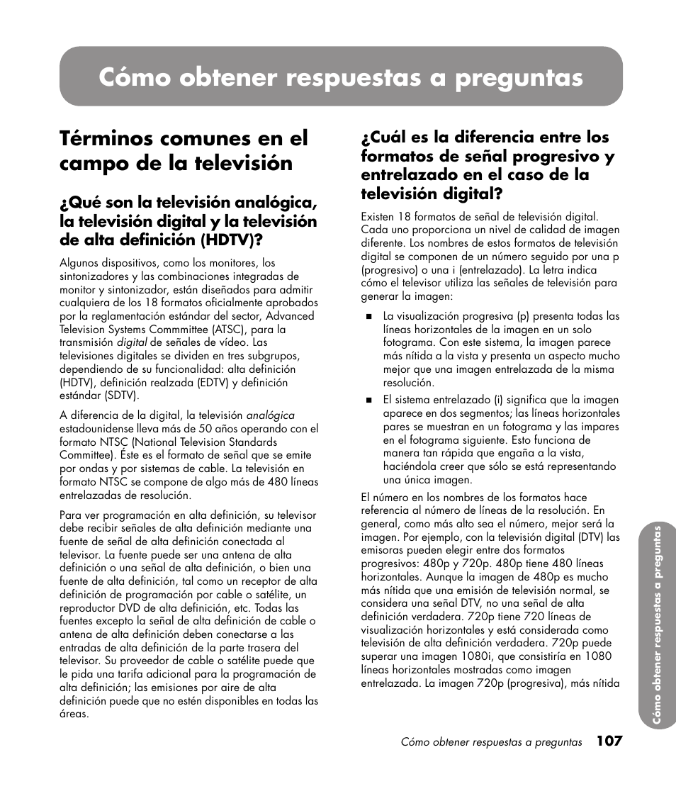 Cómo obtener respuestas a preguntas, Términos comunes en el campo de la televisión | HP 1080p User Manual | Page 400 / 426