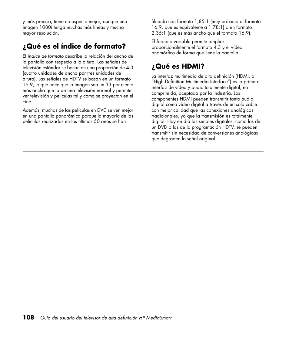 Qué es el índice de formato, Qué es hdmi, Qué es el índice de formato? ¿qué es hdmi | HP 1080p User Manual | Page 401 / 426