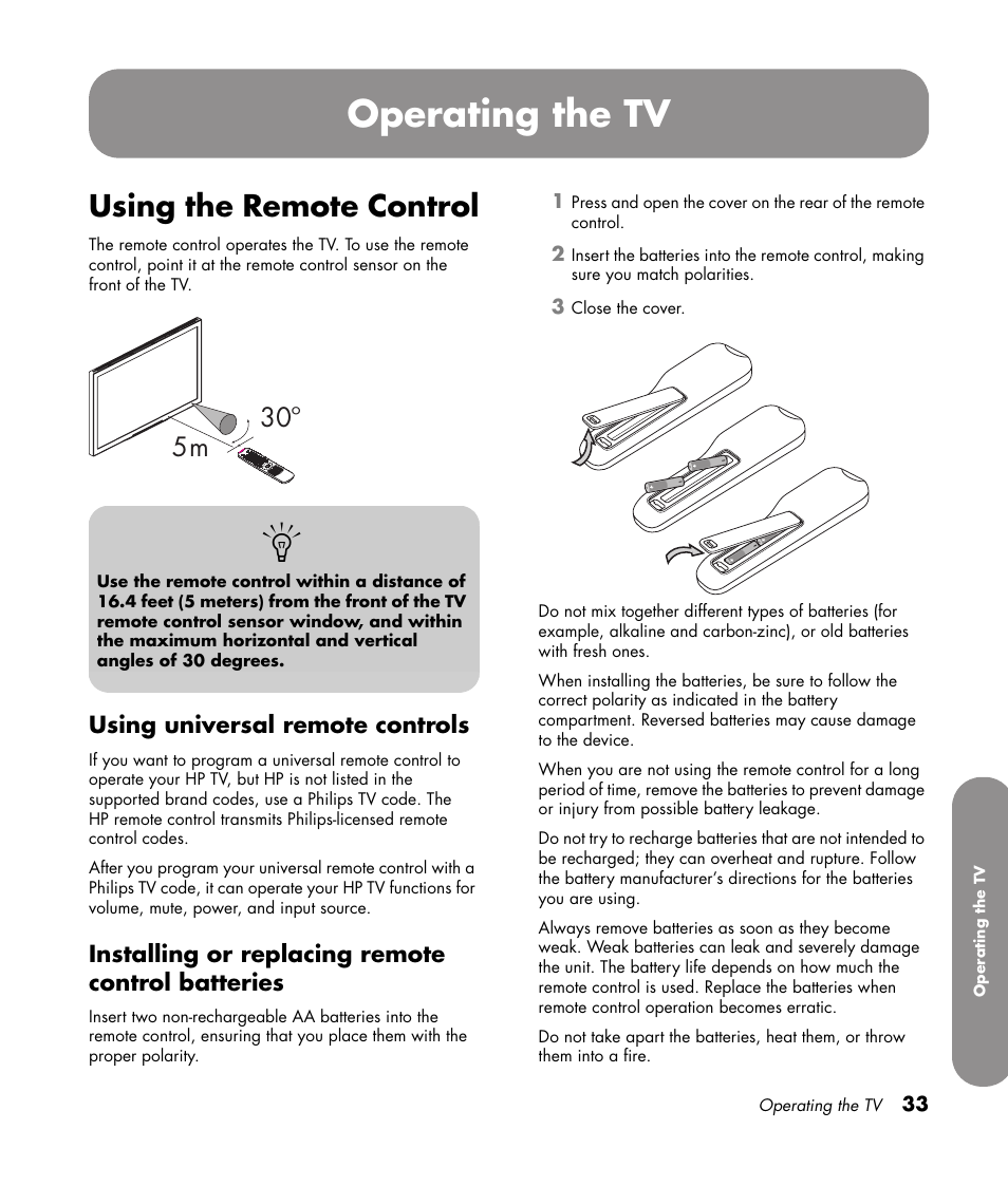 Operating the tv, Using the remote control, Using universal remote controls | Installing or replacing remote control batteries | HP 1080p User Manual | Page 46 / 426