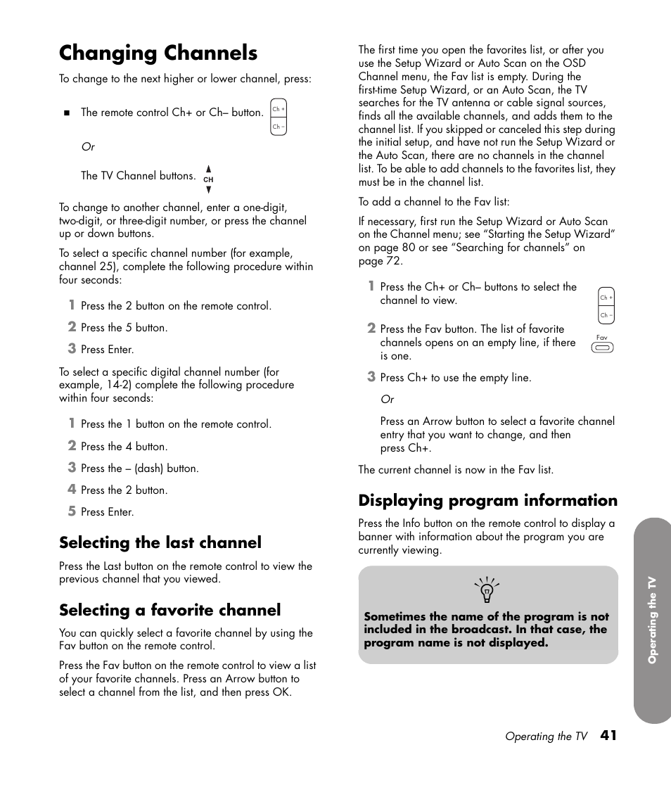 Changing channels, Selecting the last channel, Selecting a favorite channel | Displaying program information | HP 1080p User Manual | Page 54 / 426