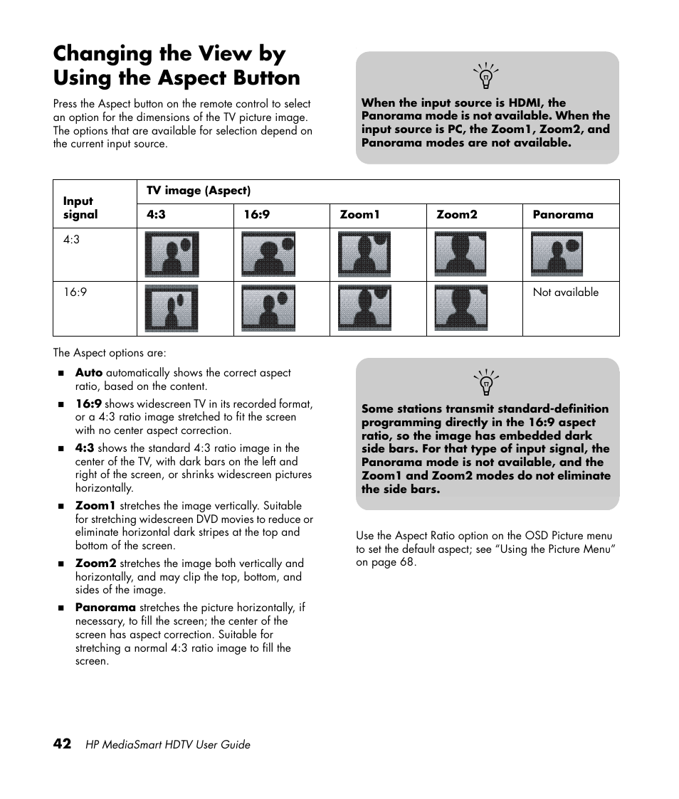 Changing the view by using the aspect button | HP 1080p User Manual | Page 55 / 426