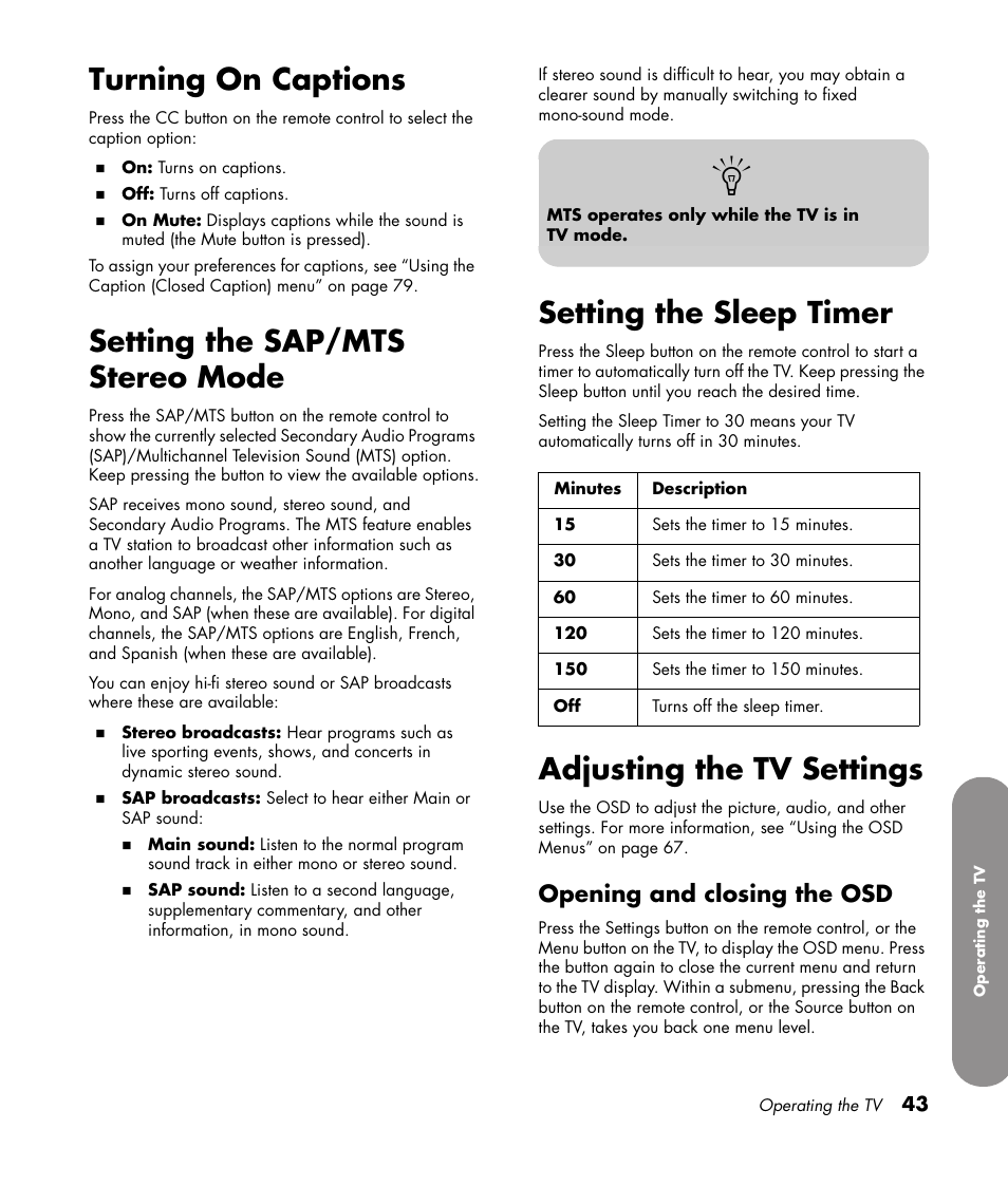 Turning on captions, Setting the sap/mts stereo mode, Setting the sleep timer | Adjusting the tv settings, Opening and closing the osd | HP 1080p User Manual | Page 56 / 426